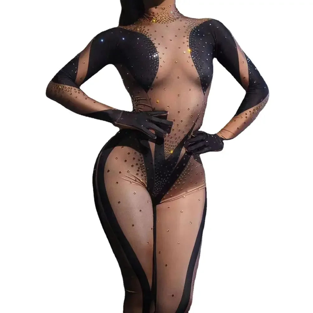 Sparkly Rhinestone Cutout Catsuit Jumpsuit with Matching Gloves Stage Dancewear