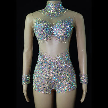 Luxurious AB Crystal Rhinestone Stage Dance Costume Illusion Romper