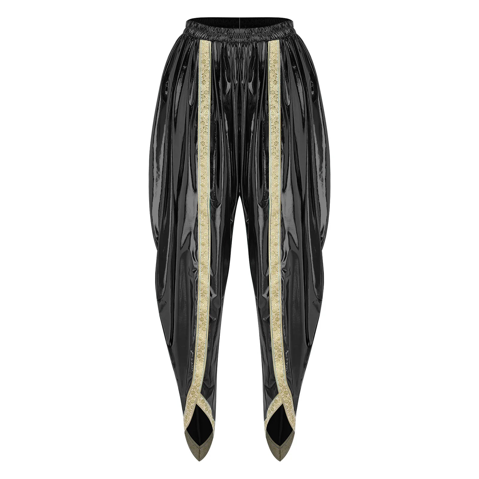 Men's Metallic Shiny Harem Dhoti Pants Gold Brocade Trim Prince Cosplay Costume