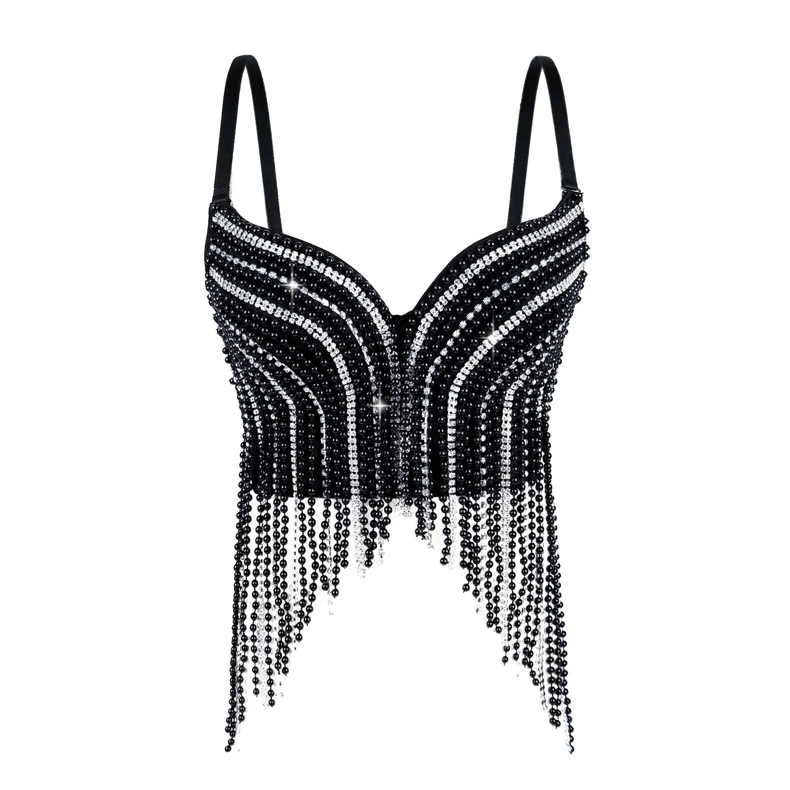 Rhinestone & Bead Tassel Push-Up Underwire Bustier Crop Top