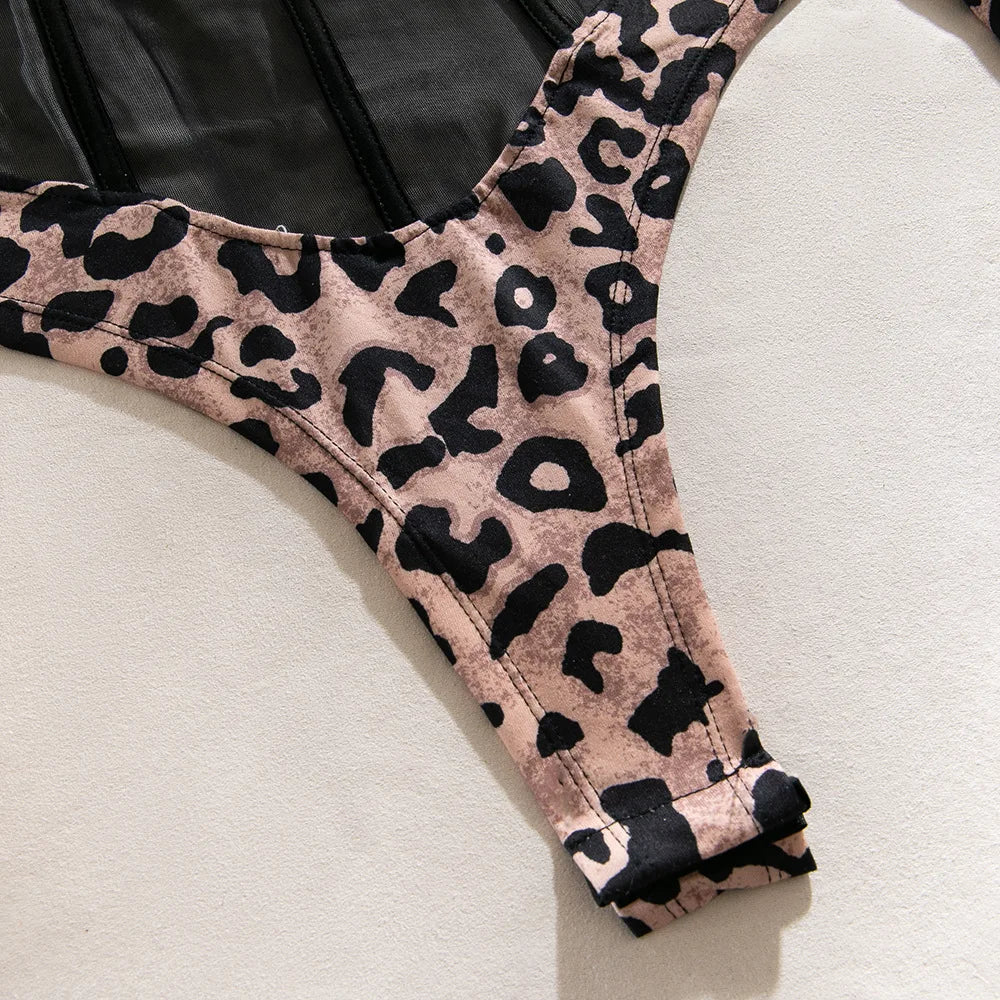 Leopard Print Sheer Mesh Corset Bodysuit Long Sleeve Stage Performance Dancewear