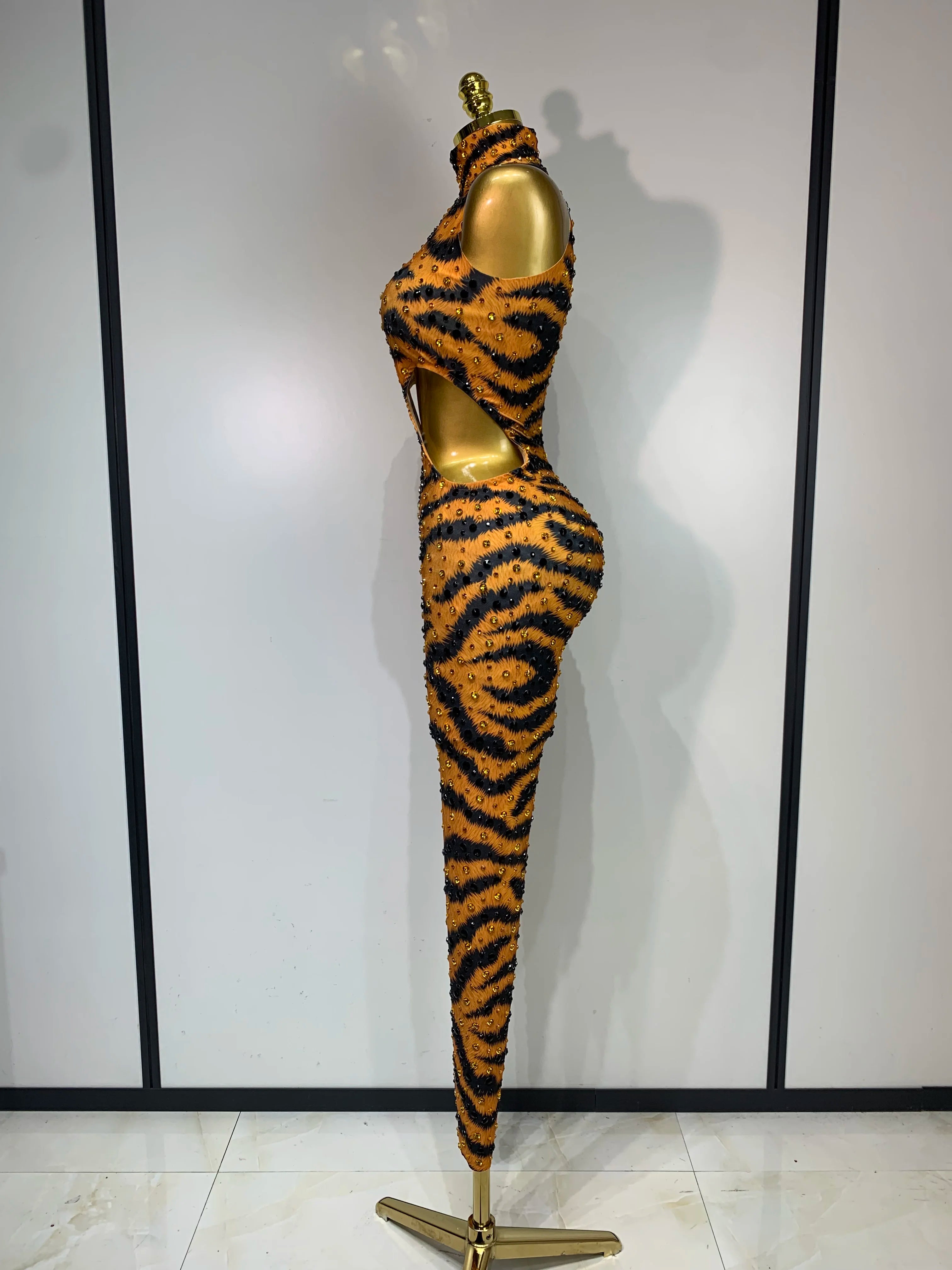 Tiger Print Rhinestone Catsuit Illusion Mesh Long-Sleeve Jumpsuit Stage Performance Costume