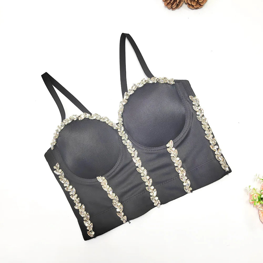 Crystal Chain Strap Bustier Corset Crop Top Hook-and-Eye Stage Bralette