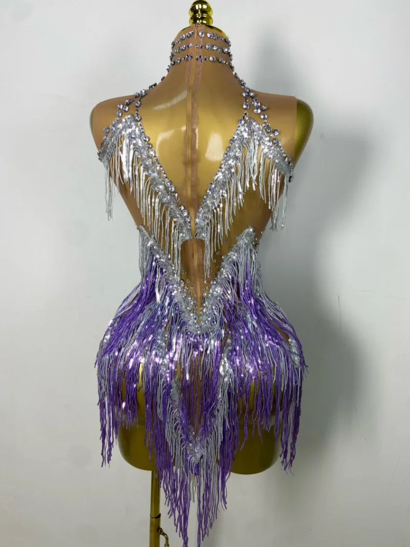 Sparkly Rhinestone & Tassel Fringe Latin Dance Mini Dress Stage Costume