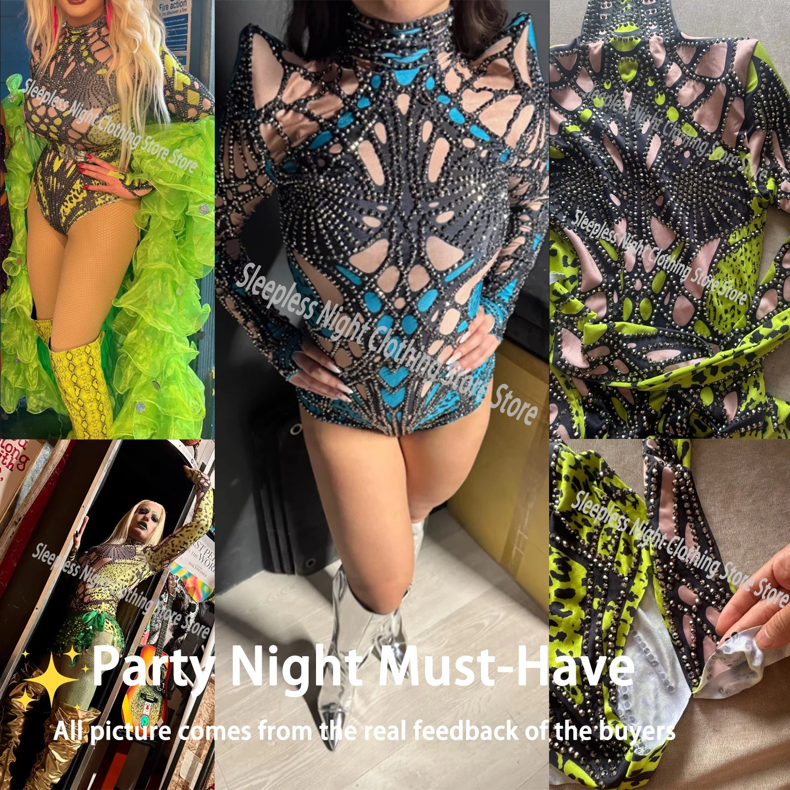 Futuristic Cyber Armor Rhinestone Bodysuit Mock Neck Sleeveless Stage Dance Costume