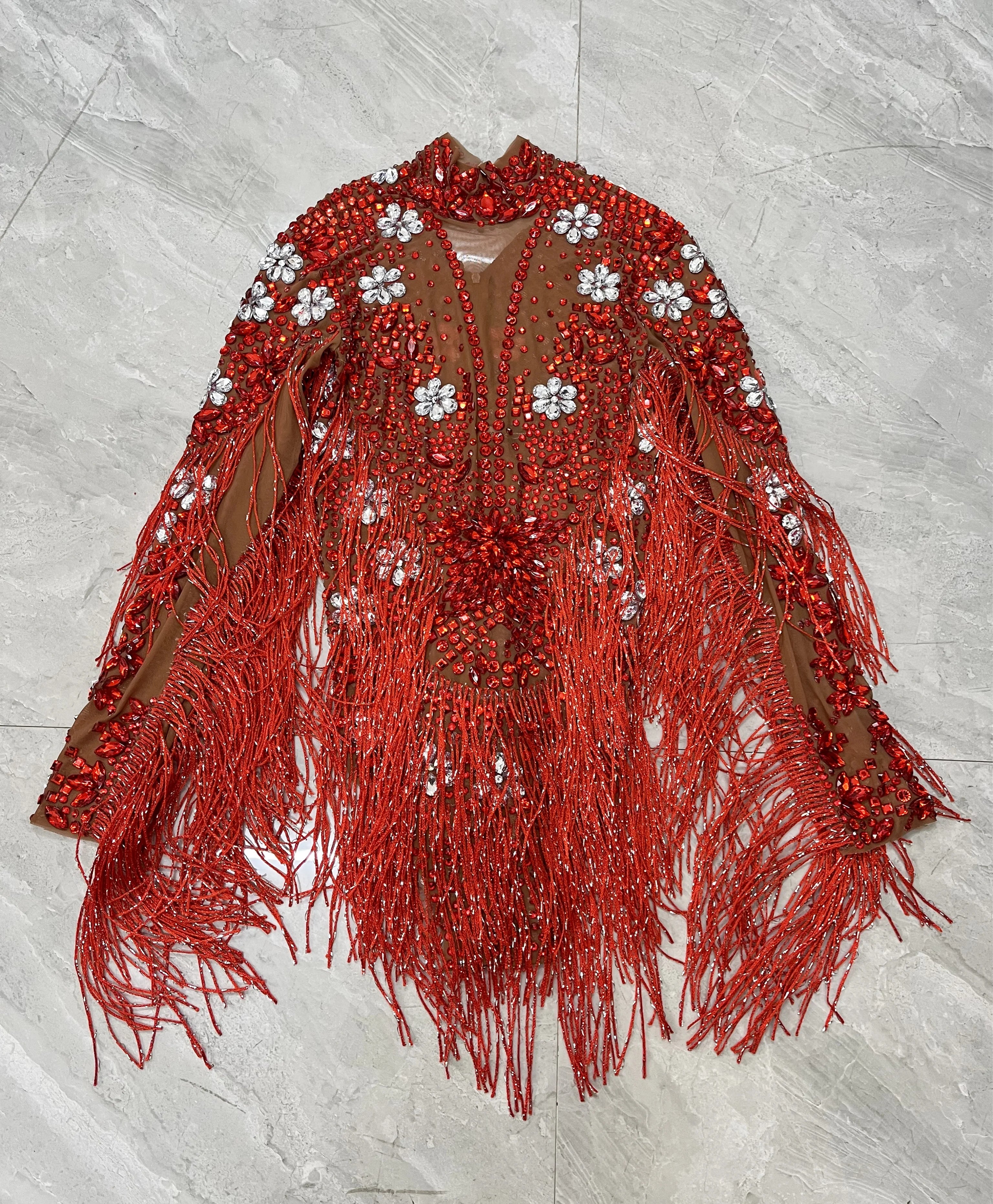 Sparkly Rhinestone Tassel High-Cut Stage Performance Bodysuit Dance Leotard