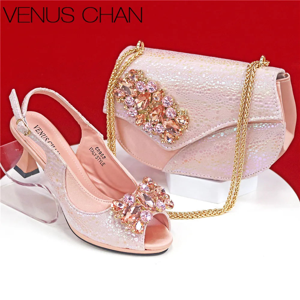 Elegant Rhinestone High-Heels Shoes & Handbag Set