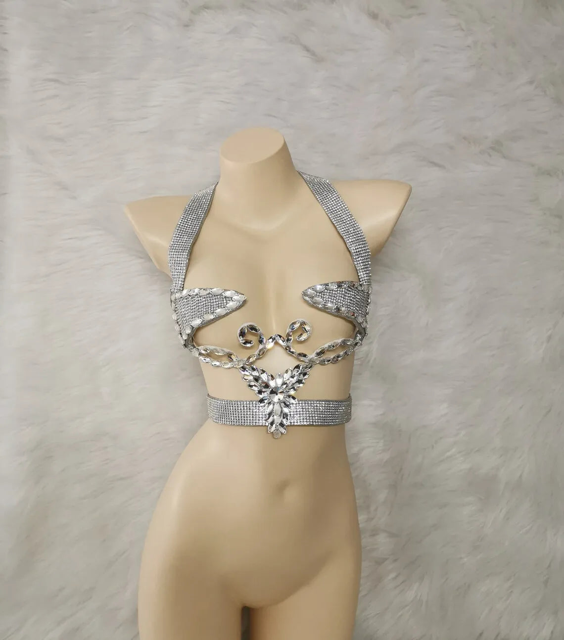 Sparkly Silver Carnival Rhinestone Wire Bra Festival Push-Up Dance Top