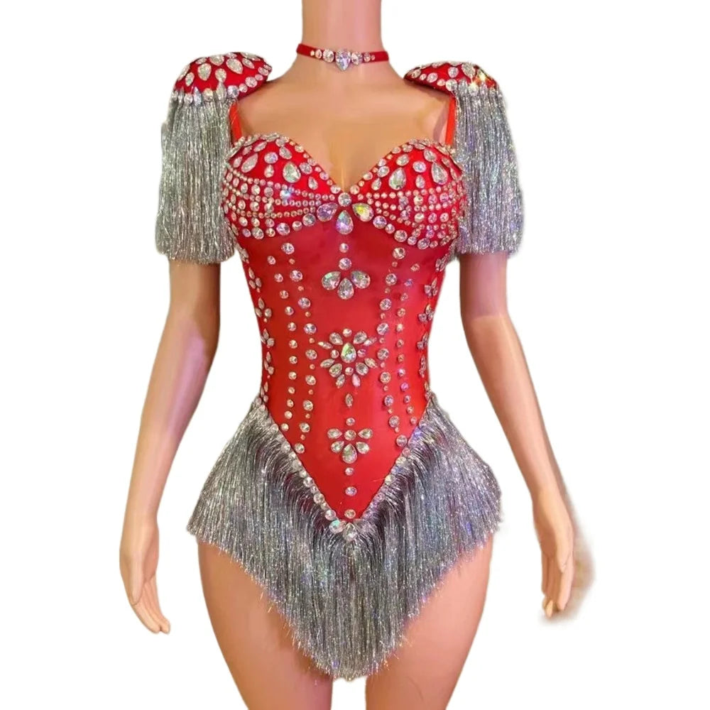Sparkly Red Rhinestone & Tassel Sleeveless Bodysuit Dance Stage Costume