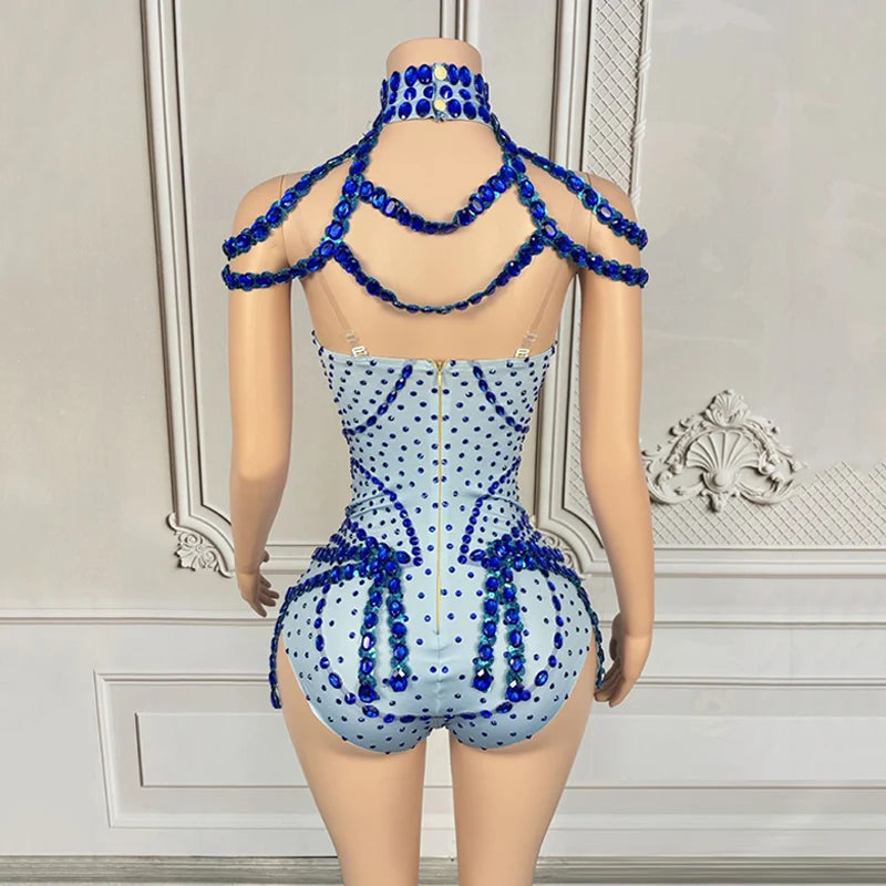 Rhinestone Embellished Performance Bodysuit with Tiered Sequins