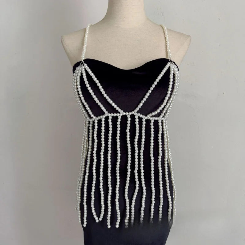 Pearl-Look Beaded Halter Bra Chain
