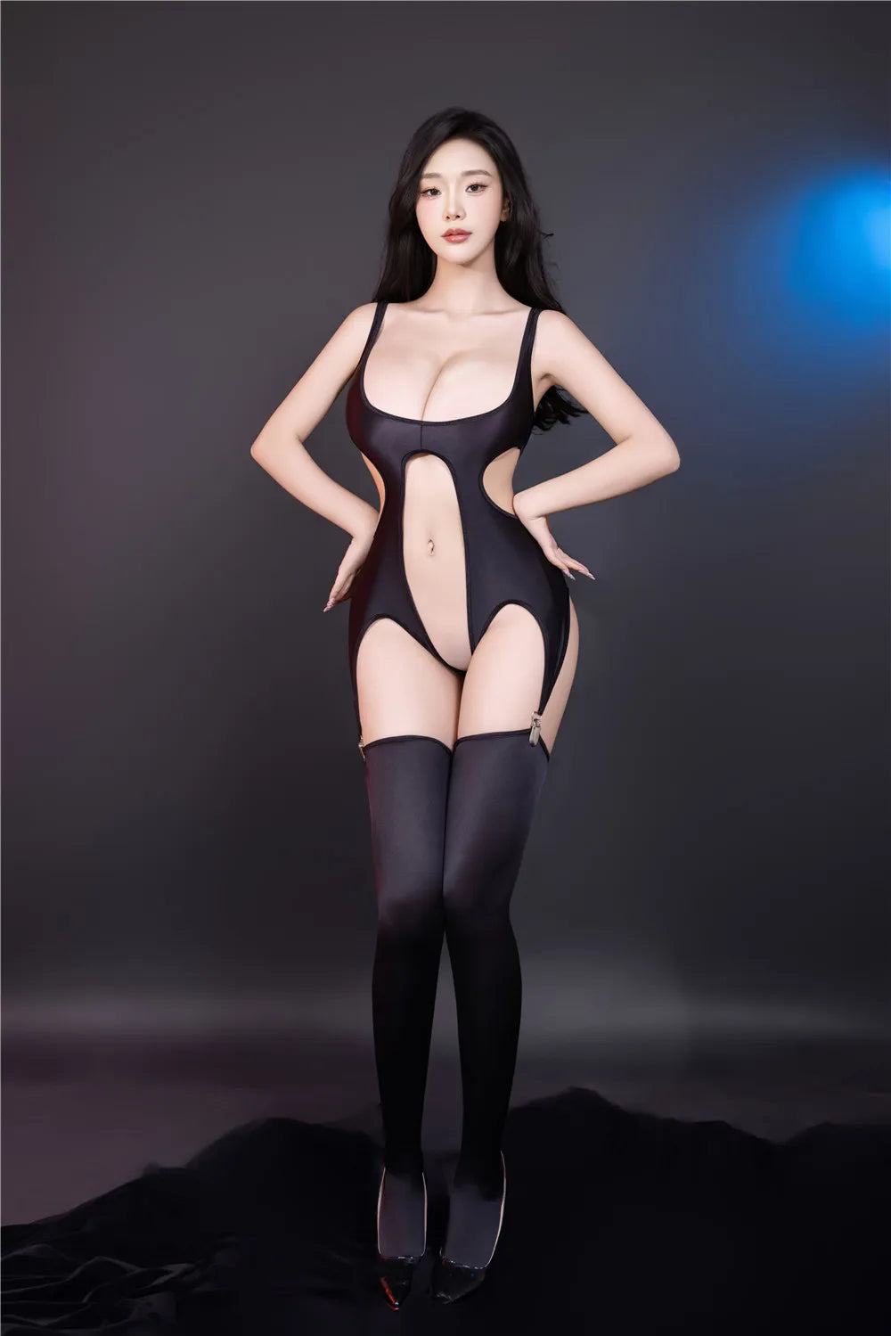 Sexy Women Oil Glossy Shiny High Cut Bodysuit Backless Hollow Out Open Crotch Sexy Tights Bandage Elastic Maid Leotard