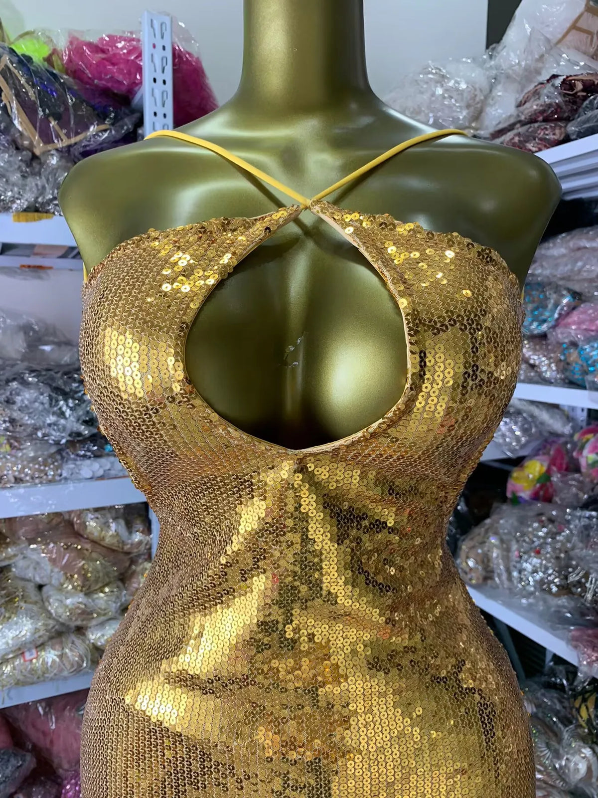 Vintage-Inspired Luxury Gold Crisscross Neck Keyhole Long Sequin Dress