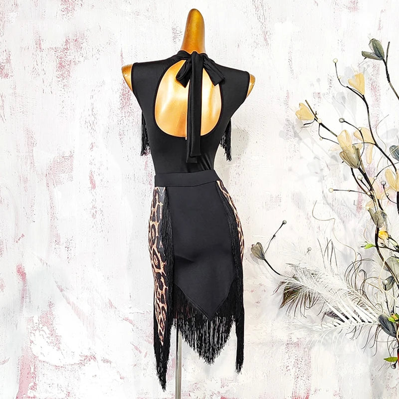 Black Open-Back Leotard & Leopard Print Fringe Skirt Latin Dance Costume Set