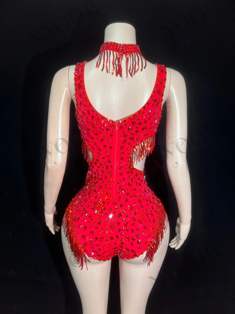Sparkly Rhinestone Tassel Mock Neck Bodysuit Sleeveless Showgirl Stage Leotard