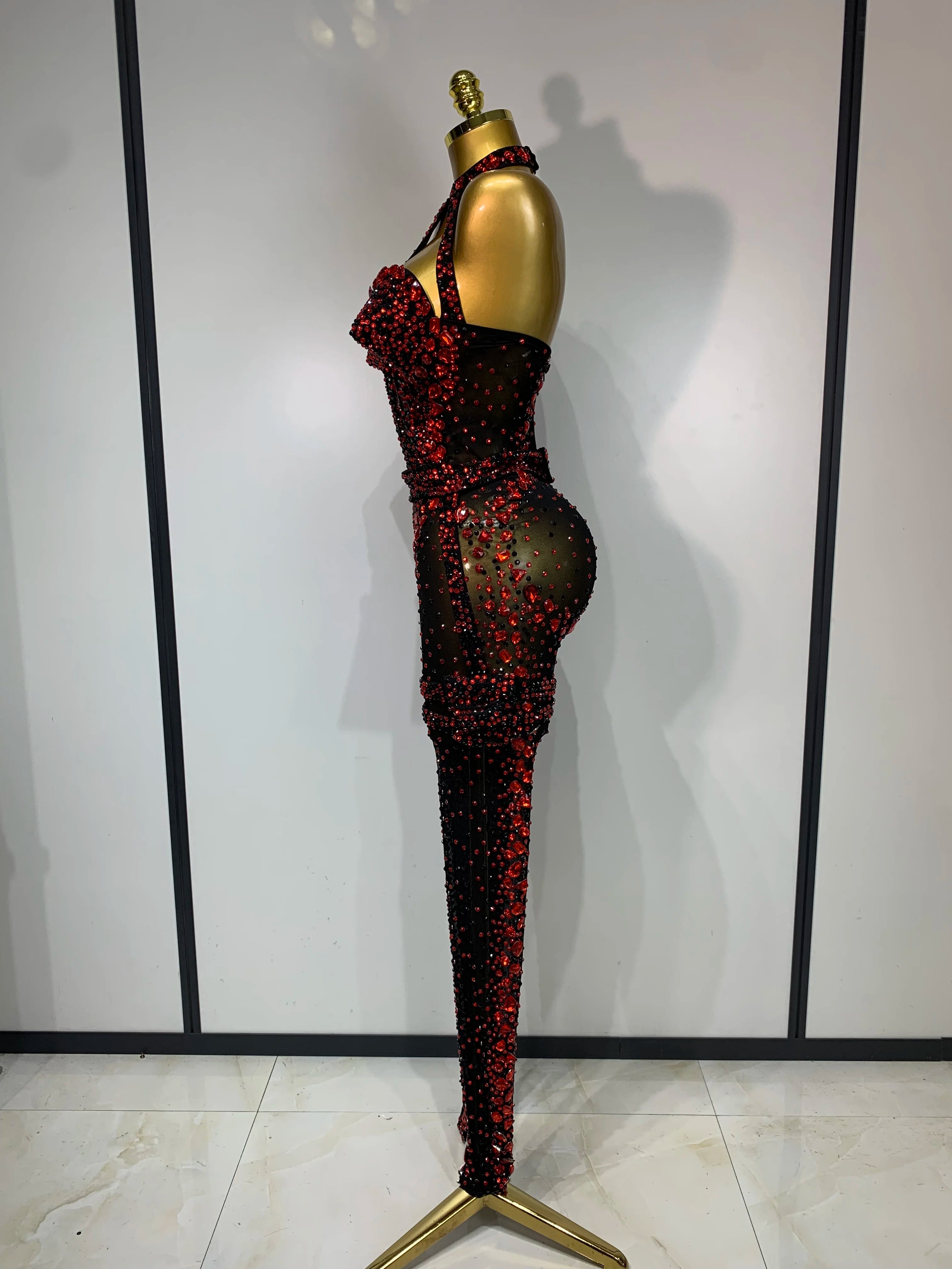 Backless Sparkly Red Diamond Mesh Jumpsuit Evening Stage Costume Bodycon Romper