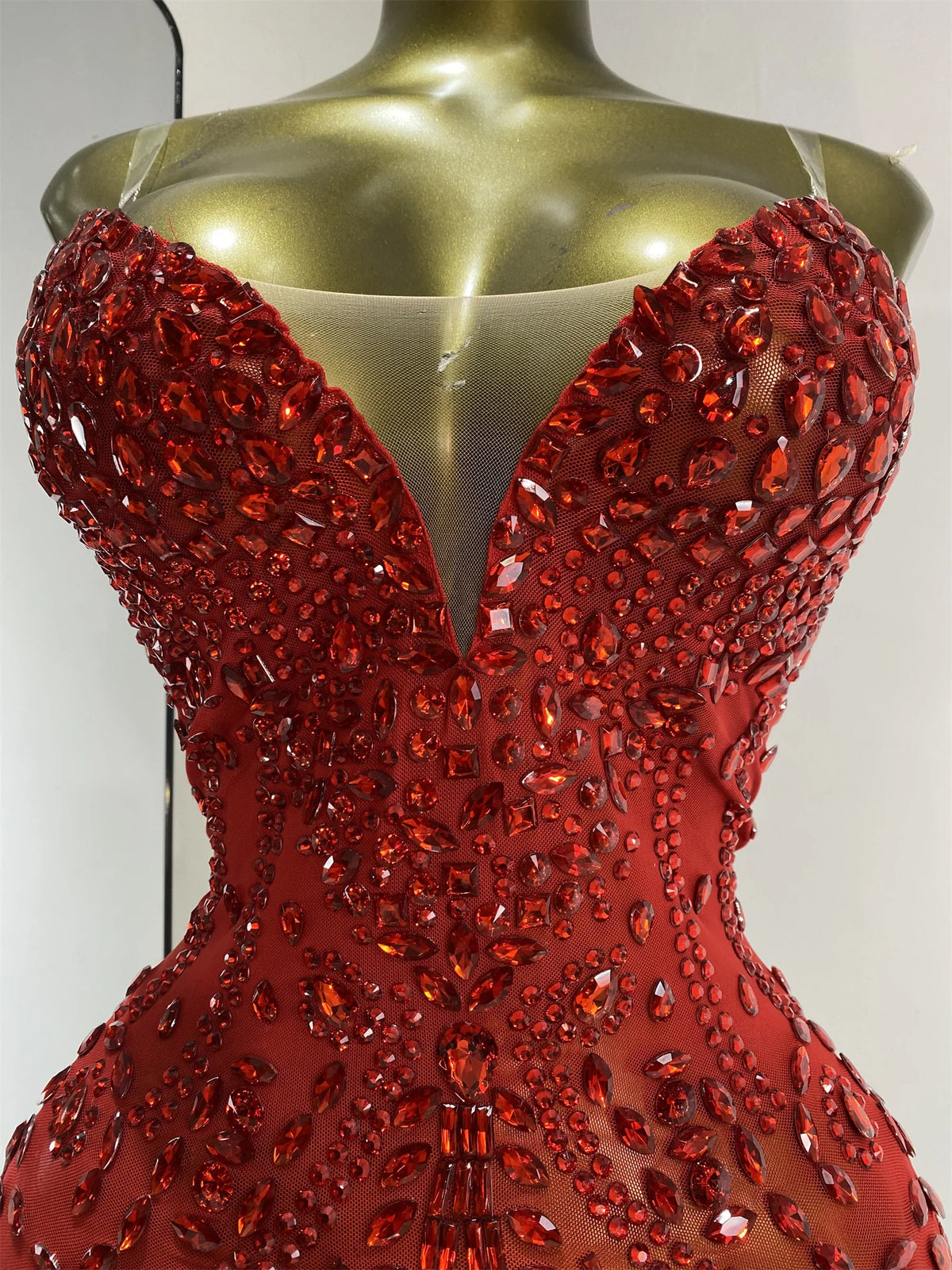 Vintage-Inspired Shiny Rhinestones Tassel Mesh Bodysuit Costume Set