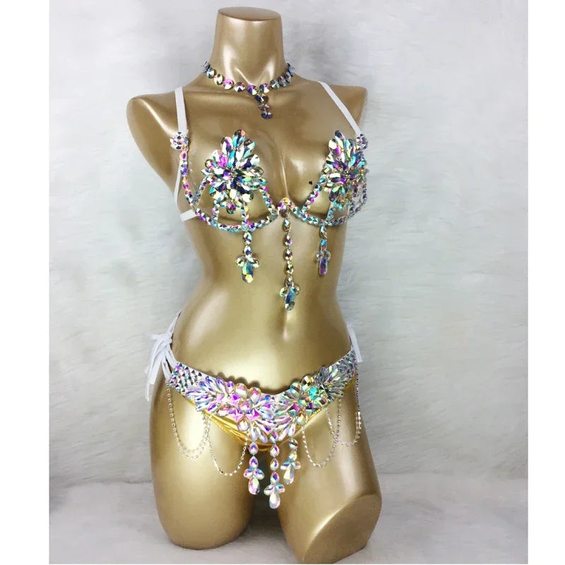 Dazzling Samba Carnival Rhinestone Bikini Set & Belly Dance Stage Costume