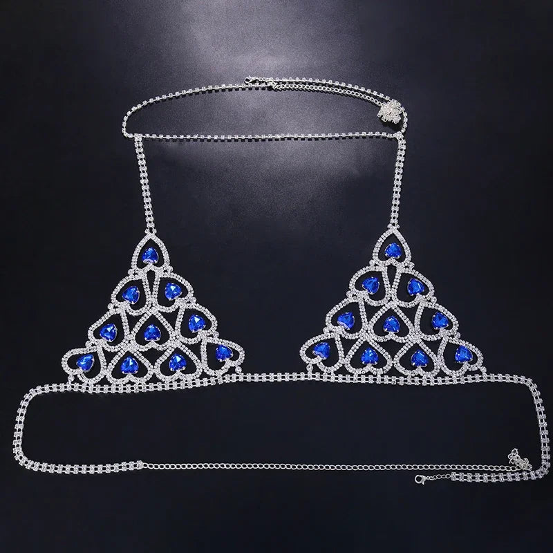 Sparkly Glass Crystal Rhinestone Heart Body Chain Bra & Thong Lingerie Set