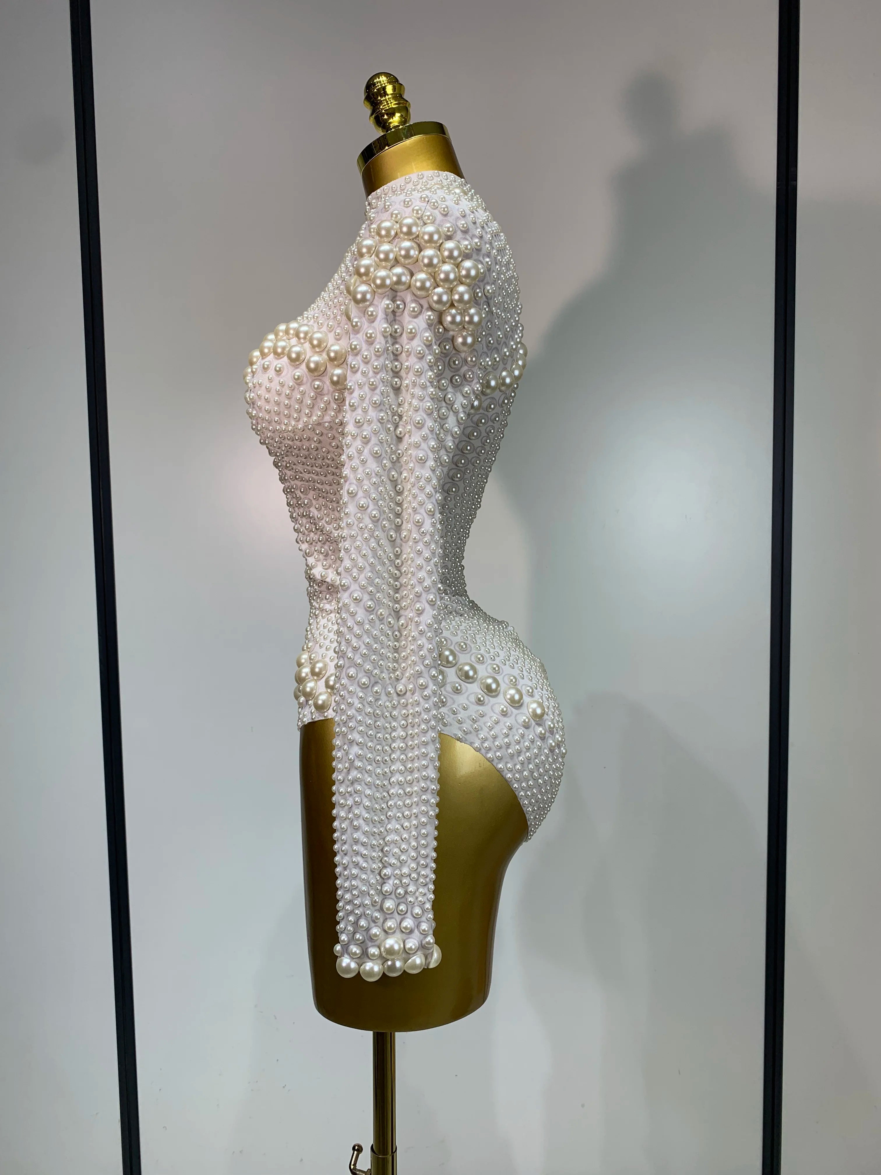 Luxury Pearl Long Sleeve Spandex Stretch Bodysuit Evening Stage Performance Costume
