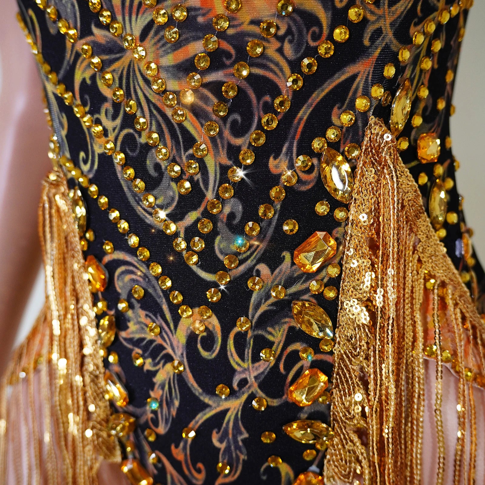 Gold Sequin Halter Bodysuit & Beaded Tassel Fringe Latin Dance Stage Costume