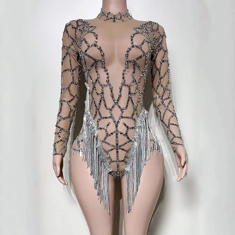 Long-Sleeve Fringe Showgirl Bodysuit