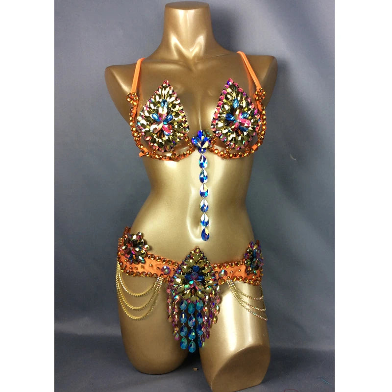 Dazzling Samba Carnival Wire Bra & Belt Rainbow Crystal Costume Set