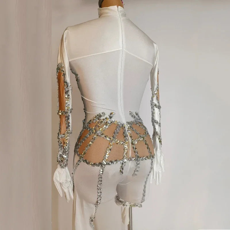 White Sequin Stretch Performance Jumpsuit