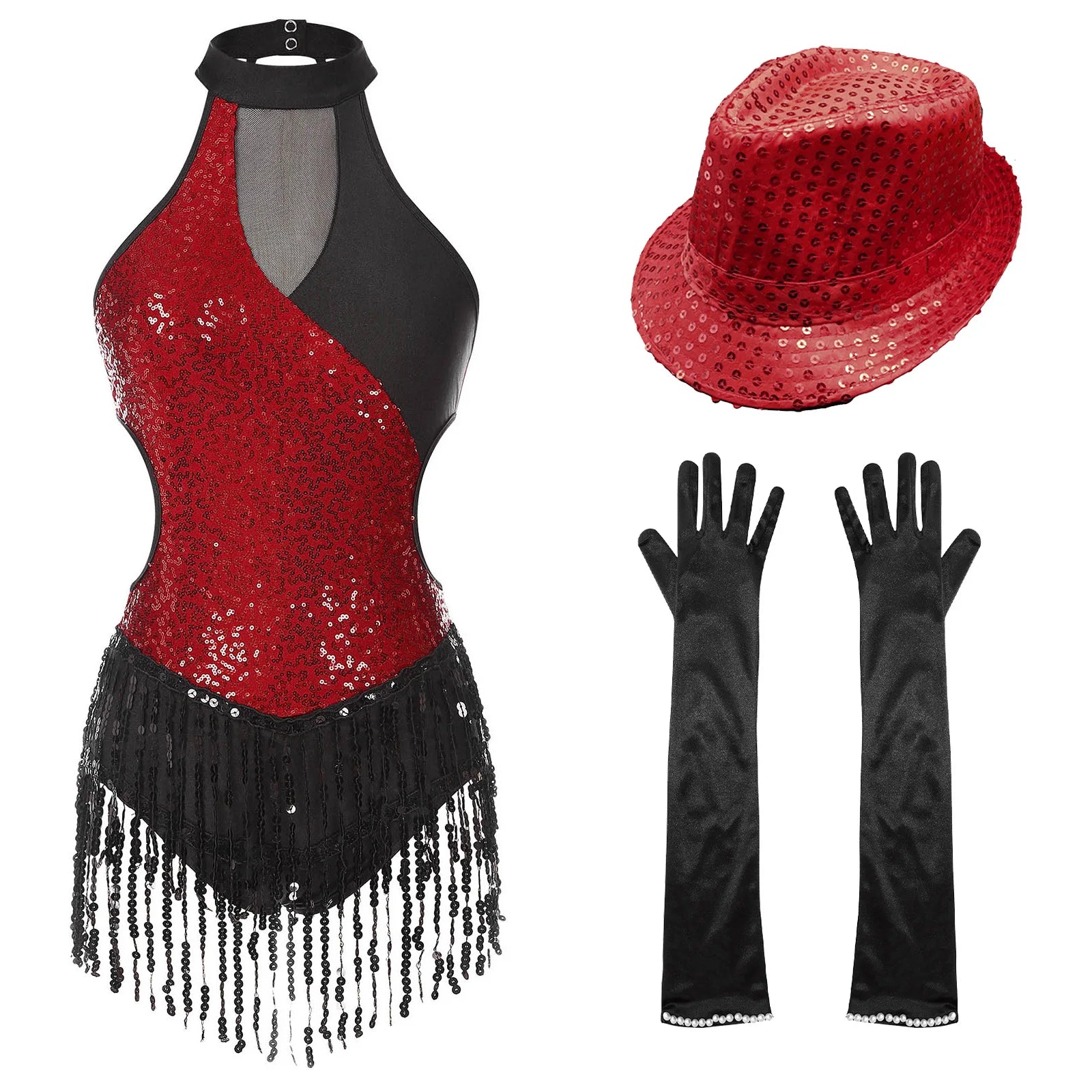 Sequined Fringe Latin Dance & Figure Skating Jumpsuit Leotard Set with Mesh Gloves