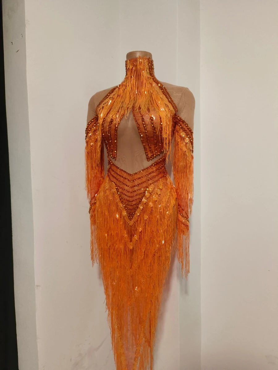 Orange Sparkly Crystal Fringe Bodysuit Off-Shoulder Stage Performance Costume Leotard