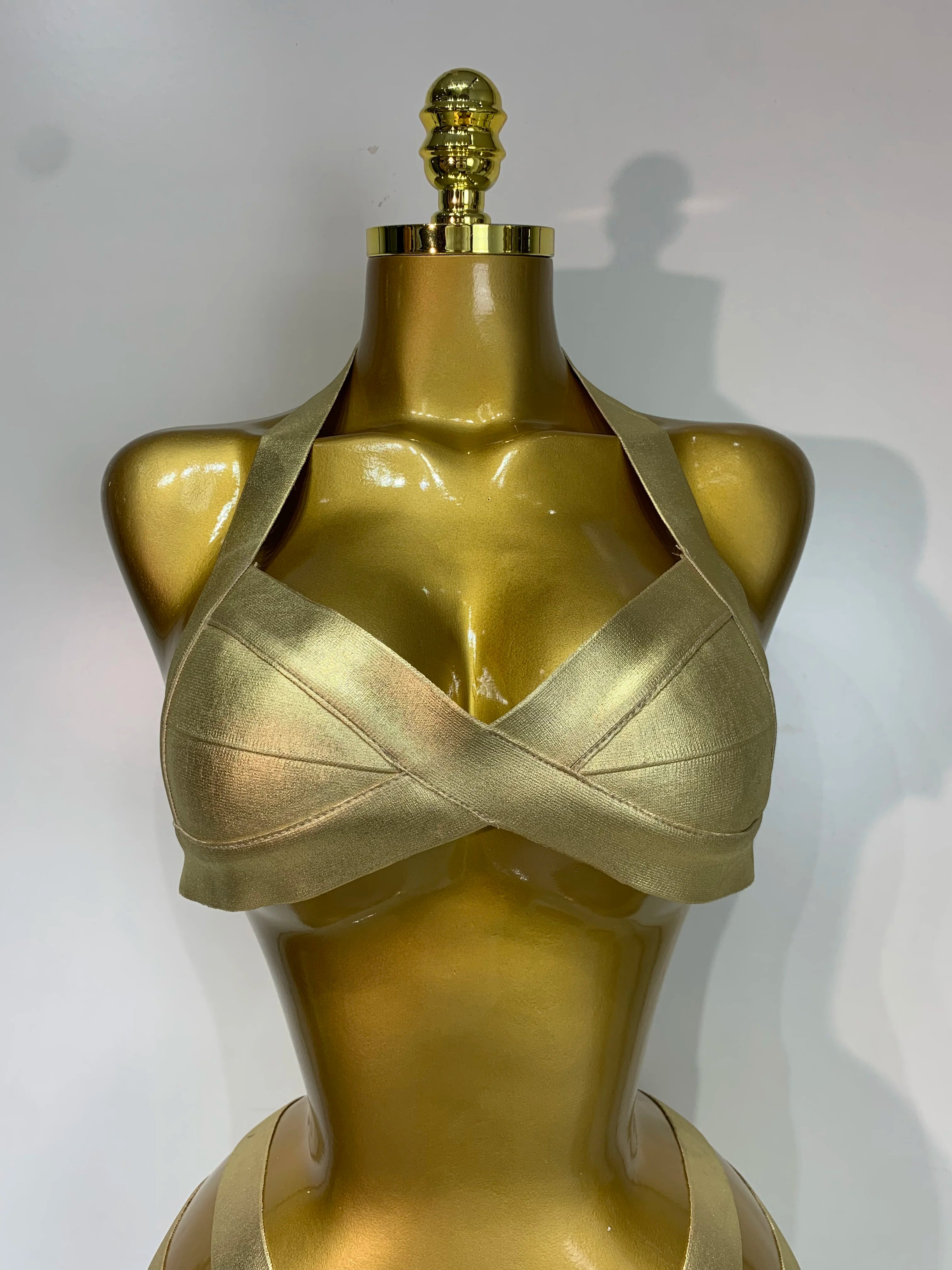 Gold Knitted Halter Bandage Two-Piece Set Stage Performance Costume Outfit