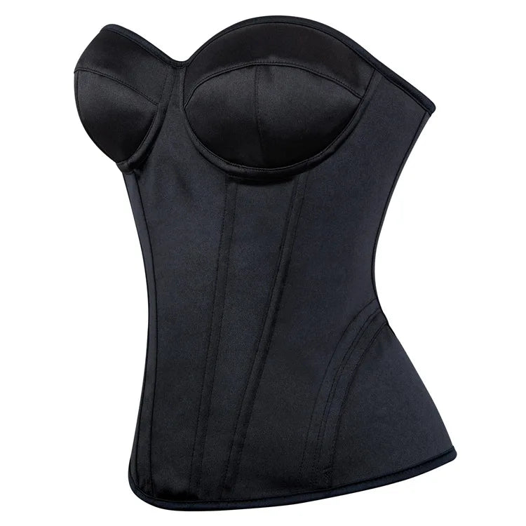 Overbust Corset Bustier Top Built-In Bra Cup Lace-Up Waist Cincher