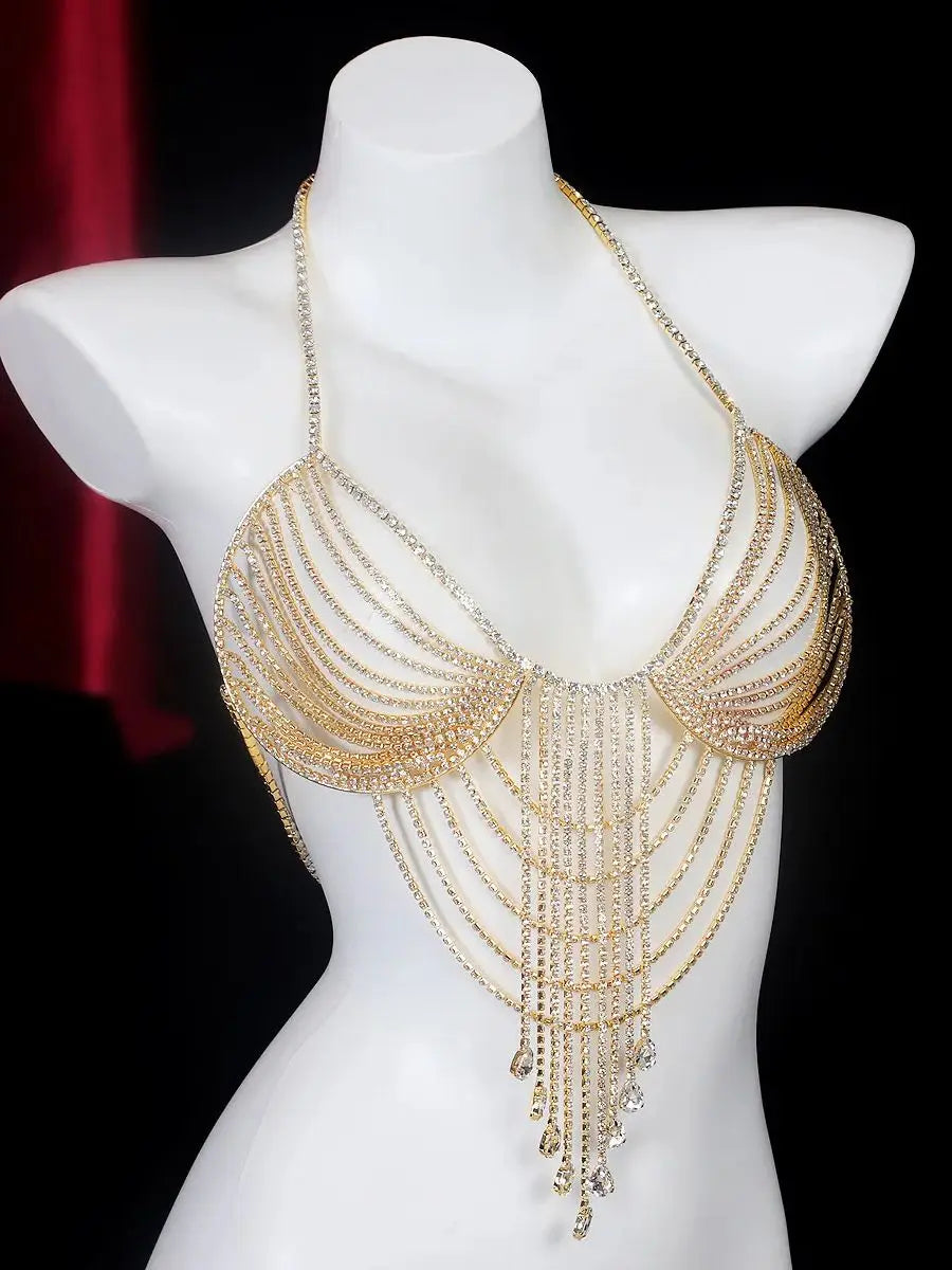 Layered Teardrop Rhinestone Tassel Chest Chain