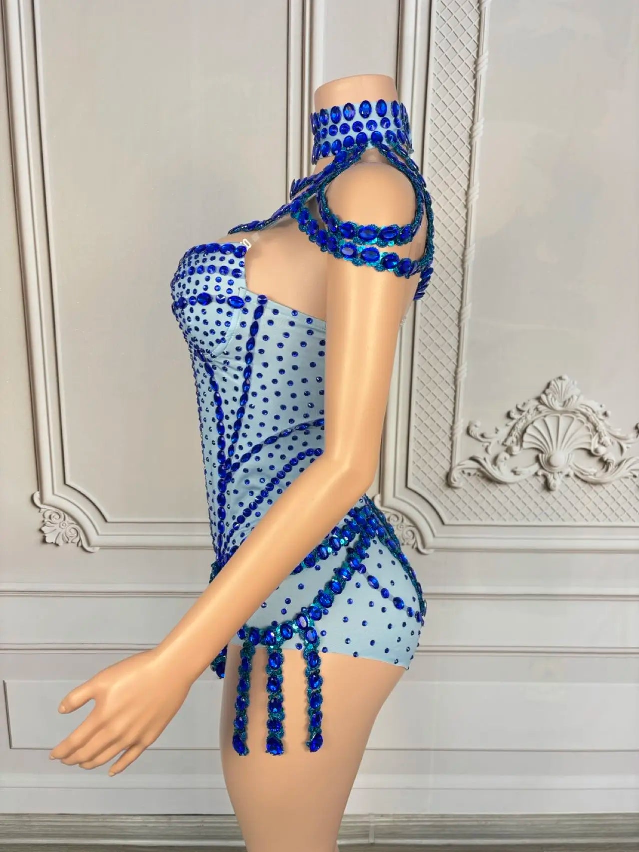 Sparkly Rhinestone Tassel Spandex Bodysuit Halter Dance Stage Costume Leotard