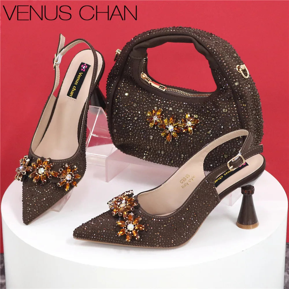 Pointed Toe Rhinestone High Heels Shoes and Bags Set