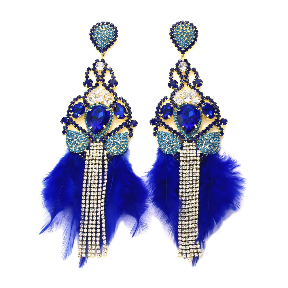 Sparkly Royal Blue Feather Rhinestone Tassel Dangle Earrings Stage Jewelry
