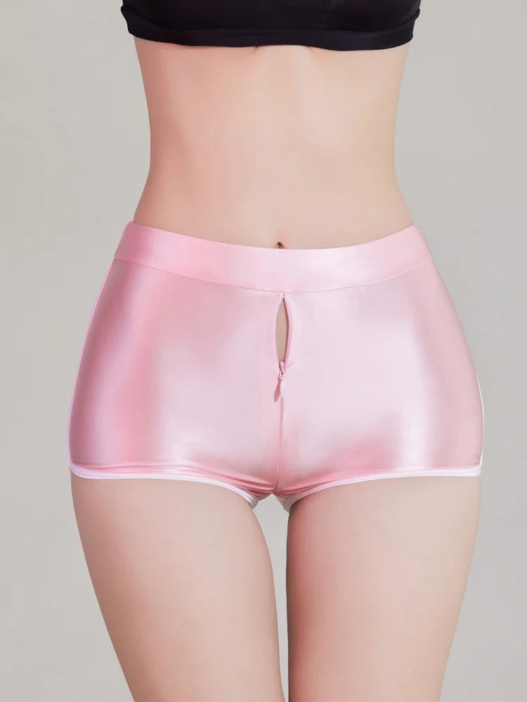 Sexy Women Zipper Open Crotch Yoga Elasitc Shorts Stain Smooth Oil Glossy Shiny Tight Casual See Through Beachwear Fitness Short