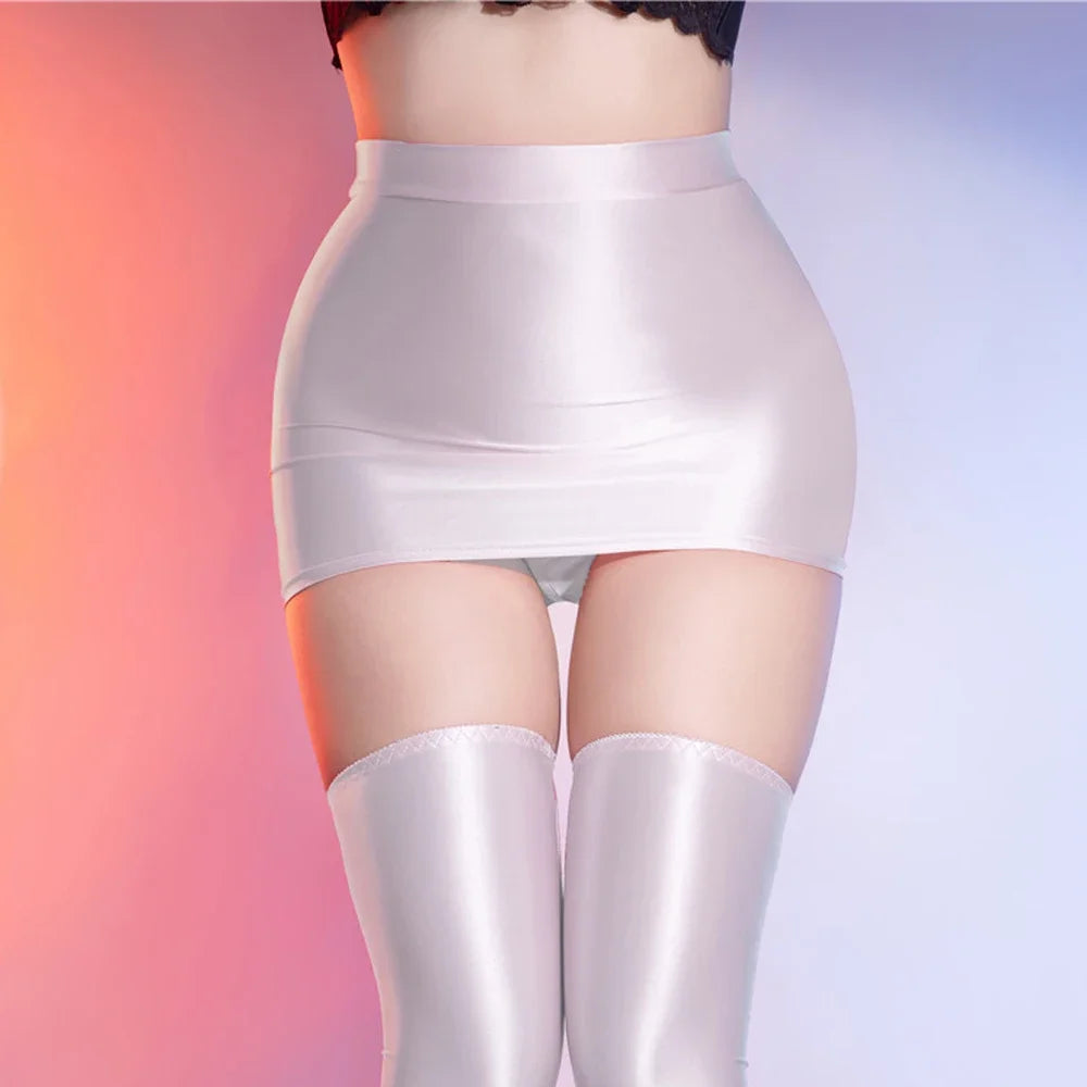 Women Oil Glossy Shiny Micro Mini Skirt Stain Smooth Tight Maid Pencil Skirt Elastic Packet Hip Sweet Girl Shaping Cute Skirt