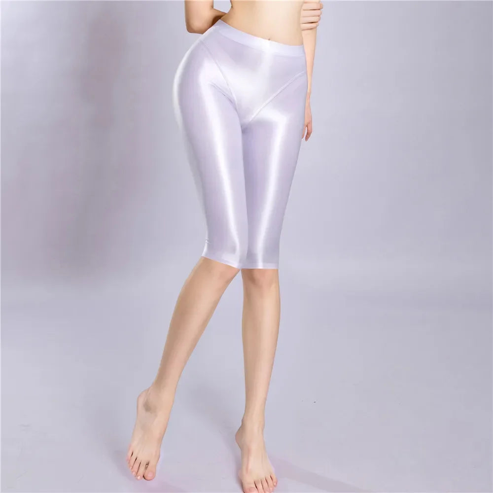 Women Shaping Short Stain Smooth Oil Glossy Shiny Elastic Shorts Sheer See Through Casual Plus Size Tight Yoga Short Maid Pant