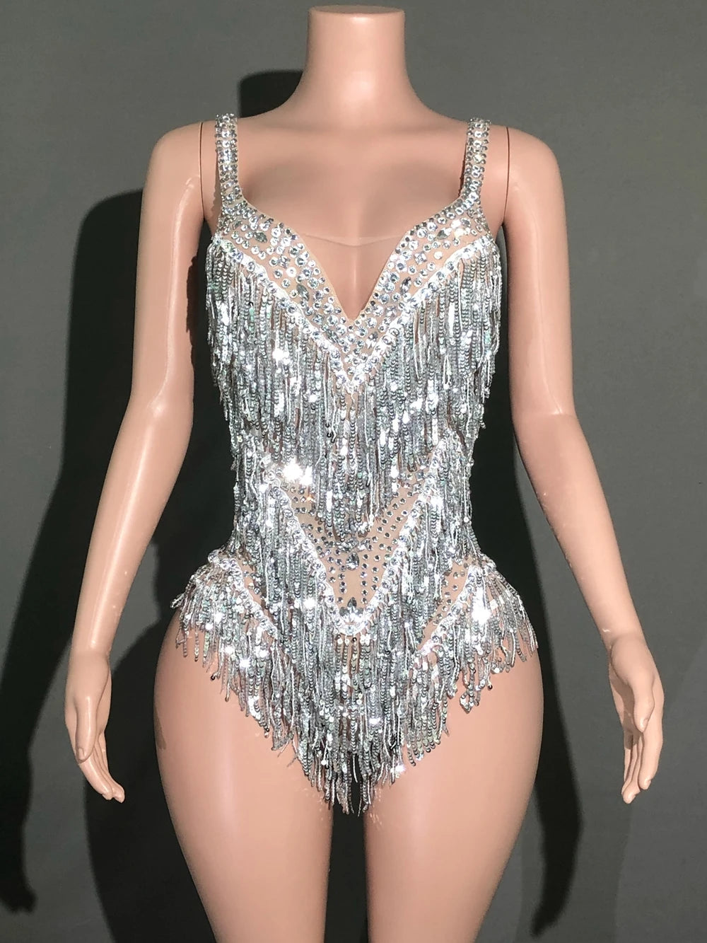 Sparkly Rhinestone & Tassel Bodysuit Stage Performance Dance Costume
