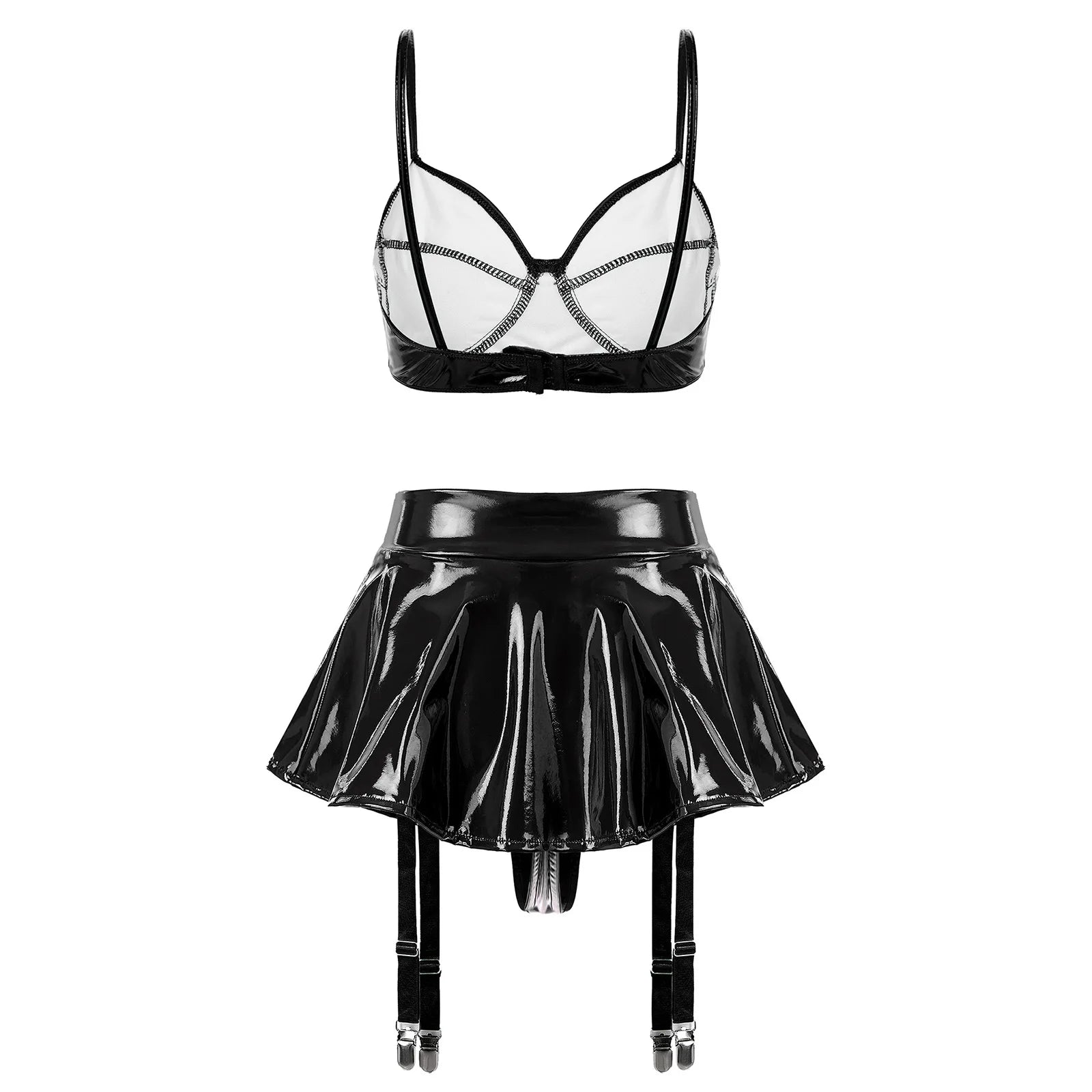 Wet Look PU Leather Bra Top & Ruffled Miniskirt Set with Garter Clips