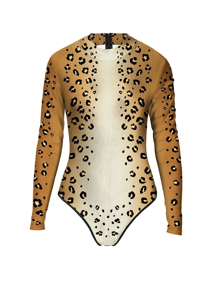 Animal Print Long Sleeve Cutout Bodysuit Sexy Stage Dance & Festival Wear