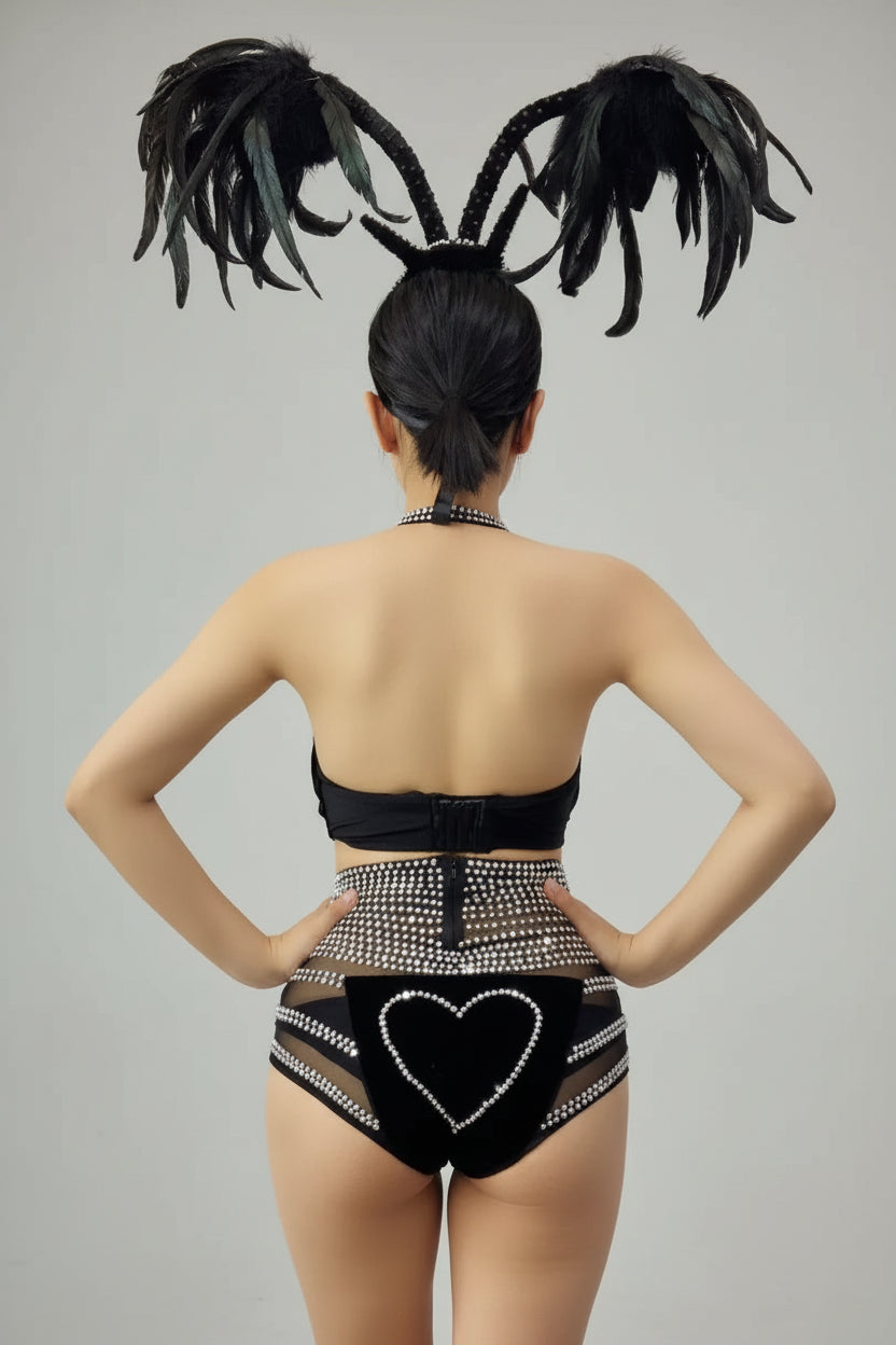 Silver Crystal Diamond Bikini & Sculptural Wing Headpiece Stage Performance Costume Set