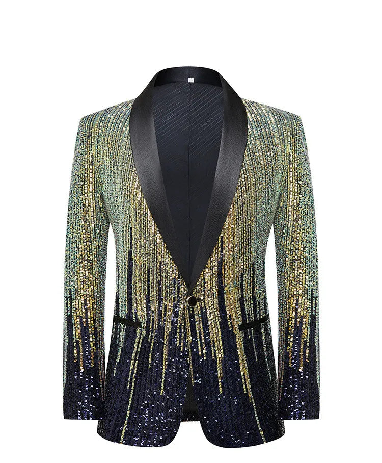 Men's Luxury Gradient Sequin Blazer Shawl Lapel Formal Stage Tuxedo Jacket