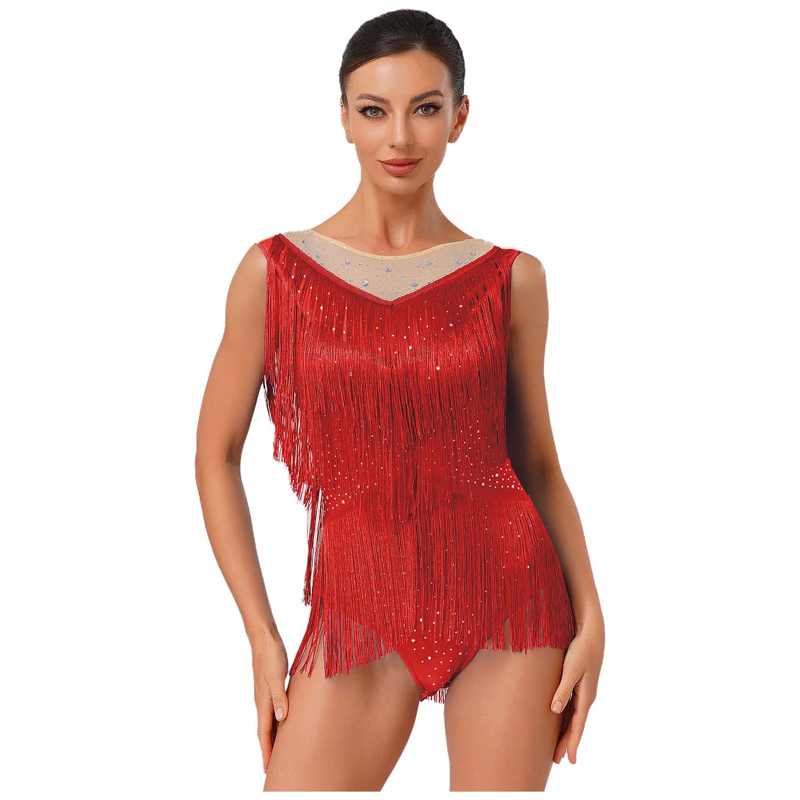 Sparkly Rhinestone & Tassel Fringe Latin Dance Leotard Crew Neck Bodysuit