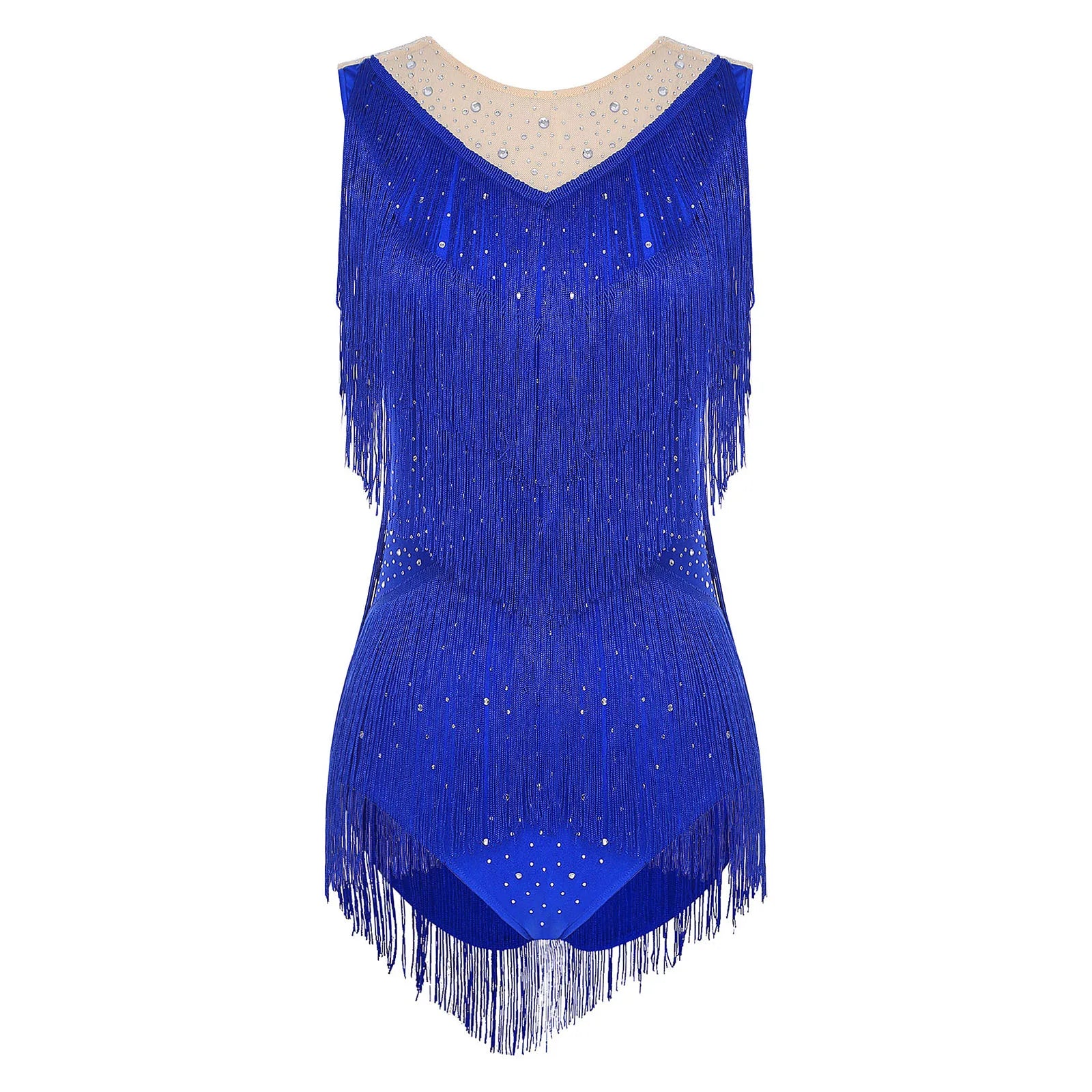 Sparkly Rhinestone & Tassel Fringe Latin Dance Leotard Crew Neck Bodysuit