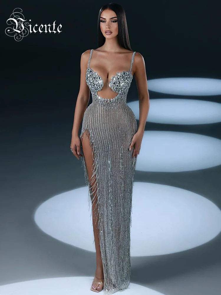 Silver Rhinestone High-Slit Gown