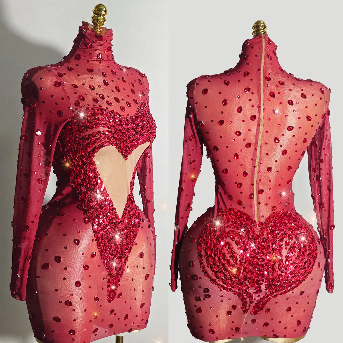 Crystal Rhinestone Mesh Long Sleeve Vintage Inspired Dress with Sequins and Skirt