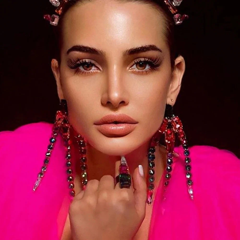 Oversized Colorful Crystal Rhinestone Long Tassel Earrings Drag Queen Stage Jewelry