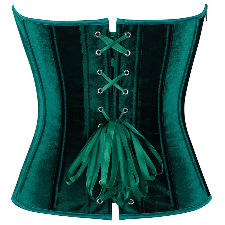 Green Velvet Overbust Corset Top Side Zipper Lace-Up Boned Bustier Top